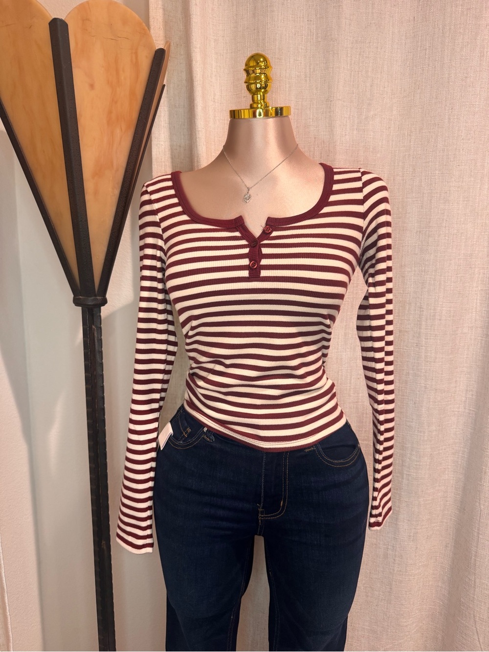 Striped Maroon & Cream Henley Long Sleeve Top